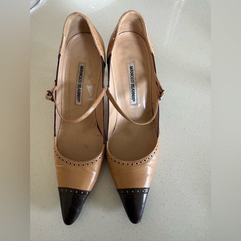 MANOLO BLAHNIK Point Toe Pumps Nude/Brown Size 37.5. Fair Condition (See Pics)